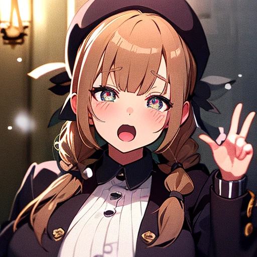 Starry eyes, it looks even more beautiful than immortal, Ahoge, hair, star-shaped pupils, amber eyes, colored contact lenses, blush, high detail, anime, romanticism, modern, gothic art, anime style, film lighting, ray tracing, motion rye, close-up, sony fe gm, uhd, high detail, top quality, 8k, , light brown hair, hat, twin tails, clean fingers, well-formed fingers, long jacket, ribbon, mystery, knitted hat, snow, anger, impatience