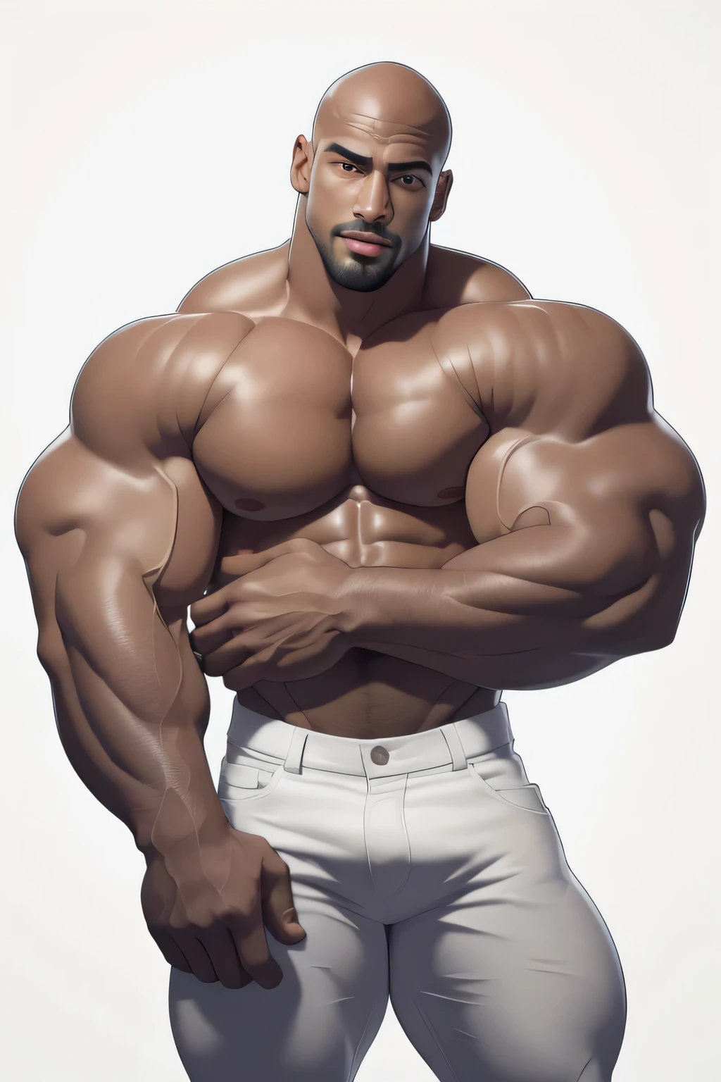 masterpiece, handsome black guy, dark skin, clear face and eyes, best quality, muscular, bara, male,shirtless,full lips,skin head bald, large pectorals,huge arms and hands,wearing white jeans,thick eyebrows,white background