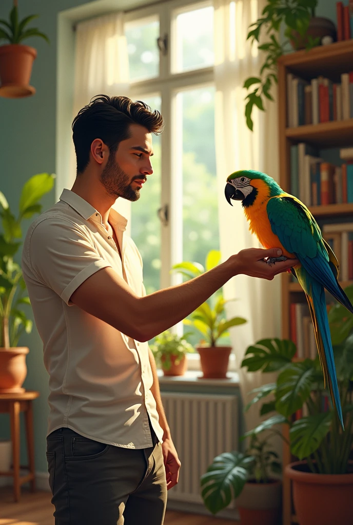 A handsome 27-year-old, good-looking, beautiful, white man with short black hair, attractive, introduces his college mate to a parrot.