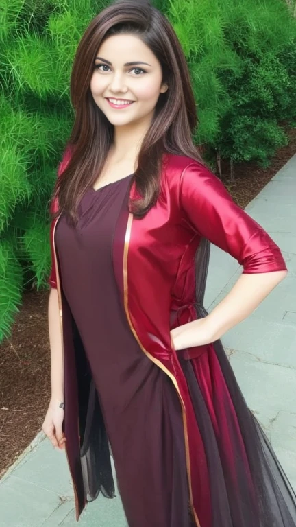 17 year old scarlet witch in original marvel costume with dark brown hairs
