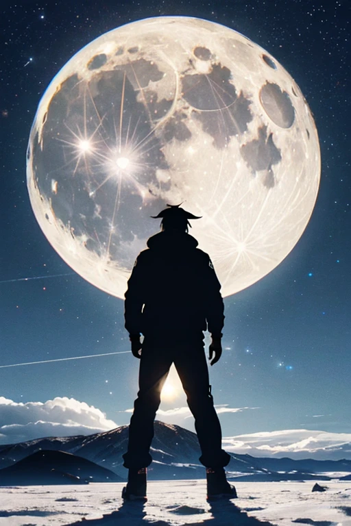 Highest quality,Big moon and shadow,A silhouette of a person can be seen against the backdrop of a large moon.,There is one full moon,There is a mood,Beautiful scenery,Starry Sky
