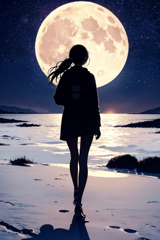 Highest quality,Big moon and shadow,A silhouette of a person can be seen against the backdrop of a large moon.,There is one full moon,There is a mood,Beautiful scenery,Starry Sky