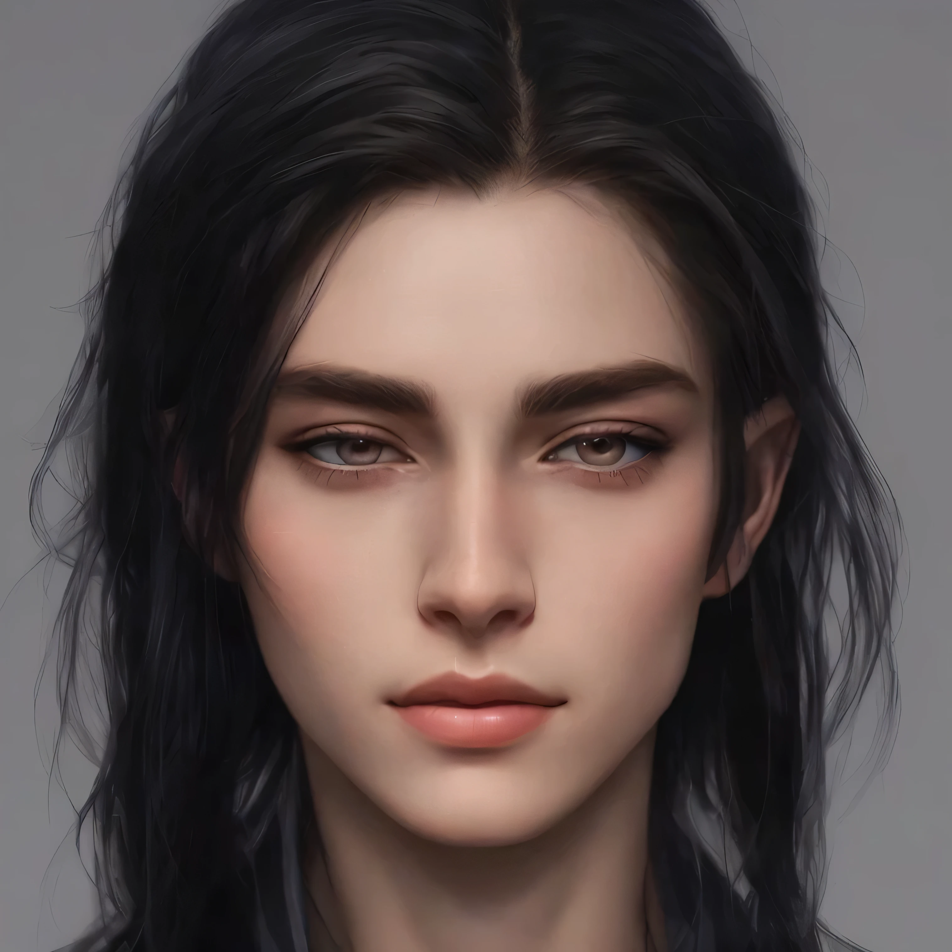 a close-up of a woman with long black hair and a necklace, a portrait of a male elf, attractive androgynous humanoid, pointy face and gray eyes, detailed portrait of the character, detailed matte fantasy portrait, androgynous face, fantasy male portrait, elven character with smile, detailed realistic face, retrato de arte de personagem, stunning anime face portrait, perfect detailed face