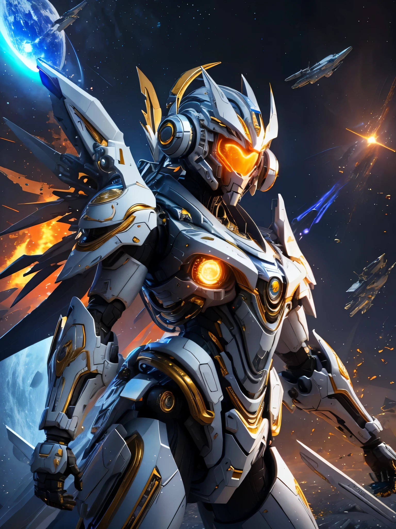 ((Highest quality)),(Ultra-high resolution),(Super detailed),(Detailed Description),((The best CG)),(masterpiece),Highly detailed art,(Art with precise detail:1.5), ((Science fiction movies:1.5)), (A meticulously crafted sci-fi setting:1.6), Lead-colored, gold, The heart will regain its brilliance, steel, Storm  Light the fire, It's hard to attack, impregnable, ((The final blow:1.3)), Shattering Stars々, Flying rays, Illumination,