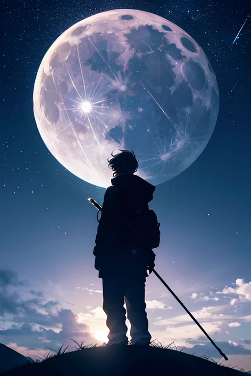 Highest quality,Big moon and shadow,A silhouette of a person can be seen against the backdrop of a large moon.,There is one full moon,There is a mood,Beautiful scenery,Starry Sky