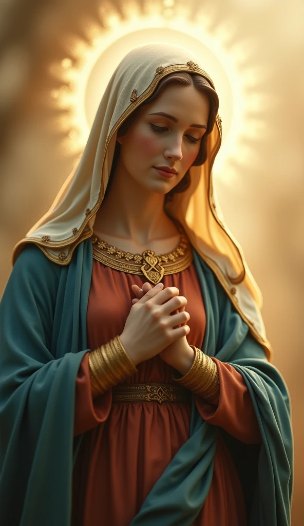 A very beautiful Virgin Mary looking down with a motherly gaze, Reddish beige tunic, Blue cloak and veil, Halo