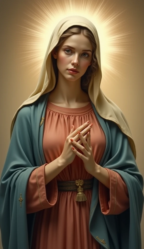 A very beautiful Virgin Mary looking down with a motherly gaze, Reddish beige tunic, Blue cloak and veil, Halo