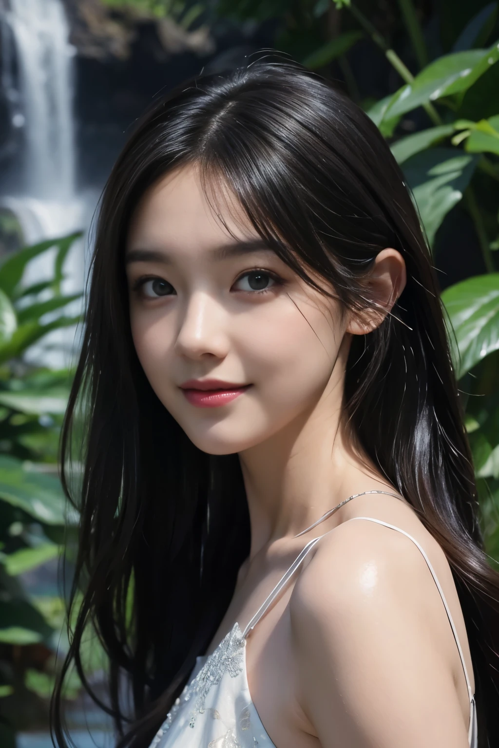 (ultra realistic) , (illustration), (increase resolution), (8K), (extremely detailed), (best illustration), (beautiful detailed eyes), (best quality), (ultra-detailed), (masterpiece), (wallpaper), (detailed face), 1 girl, black straight hair, slender body, delicate details, in the dark, deep shadow, low key, pureerosfaceace_v1, happy smile, summer dress, waterfall, rainforest