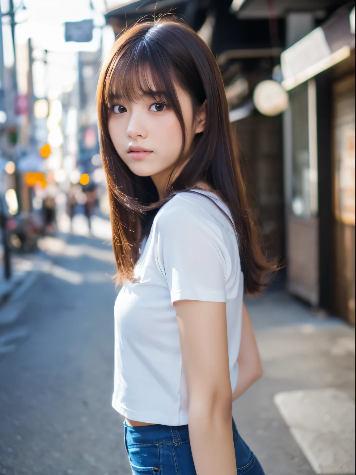 (8k, Top quality, Masterpiece:1.2), (Realistic, photo-realistic:1.37), Super detailed, perfect anatomy, cute, small eyes, 18 years old, a Japanese, girl, tight pants, at alley,