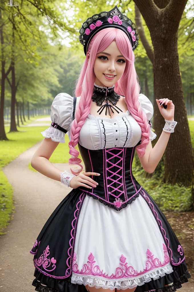 sexy stylish Swedish model, only 1 female, long neon pink stylish hair, very detailed Victorian-Style boots, (big smile), very detailed eyes, lipgloss, long lashes, defined eyebrows, ((sexy Paradise Kiss cosplay)), bell-shaped skirt, petticoats, high neckline, puffed sleeves, (( very detailed lace)), ((very detailed embroidery)), intricate details, Paradise Kiss accessoires and matching headpiece, choker, ((large sparkling Paradise Kiss jewelry)), cinematic light, detailed large park background with trees