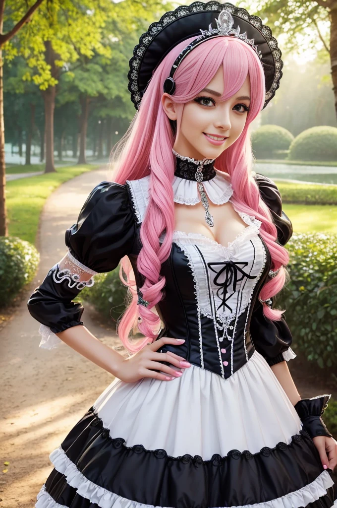 sexy stylish Swedish model, only 1 female, long neon pink stylish hair, very detailed Victorian-Style boots, (big smile), very detailed eyes, lipgloss, long lashes, defined eyebrows, ((sexy Paradise Kiss cosplay)), bell-shaped skirt, petticoats, high neckline, puffed sleeves, (( very detailed lace)), ((very detailed embroidery)), intricate details, Paradise Kiss accessoires and matching headpiece, choker, ((large sparkling Paradise Kiss jewelry)), cinematic light, detailed large park background with trees