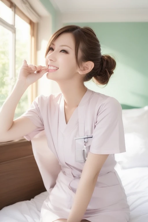(1womanl), (Random hairstyle),Bun Hair、 Amazing face and eyes, Extremely cute face, Smile, energy, vitality, (real short nurse uniform:1.2), Light pink, white, (Nurse uniform with open chest:1.4), (Best Quality:1.4), extremely detailed CG unified 8k wallpaper, Highly detailed, High-definition raw color photos, professional photograpy, Realistic portrait, (Bedroom), stethoscope, White wallpaper, sexy portrait of girl, (View from below:1.2)、
Gal Makeup、(cheek)、Panty shot、((Glossy white stockings))、Super low angle shot by a professional photographer、Looking up at the stethoscope
