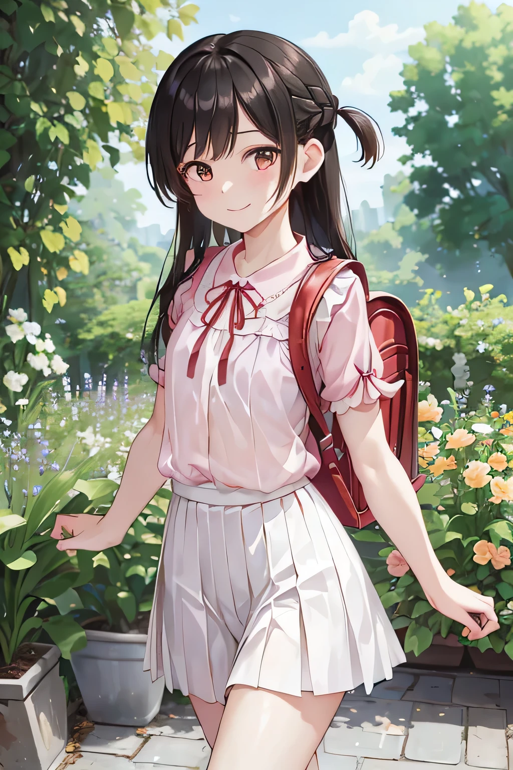 masterpiece, Highest quality, High resolution, CHI1, One person, Long shiny black hair, Braiding, One side up, alone, White Skirt, Red ribbon, Pink Shirt, Pleated skirt, bangs, Flat Chest、Neck ribbon,Cowboy Shot, clear、feminine、Pitiful、Outdoors, smile, View your viewers, smile, whole body, Day光, dappled Day光, Day, Outdoor, garden, whole body, wear randoseru backpack, (randoseru backpack:1.0), Gaps in the legs、Slender fingertips、Skinny body、The clothes are see-through