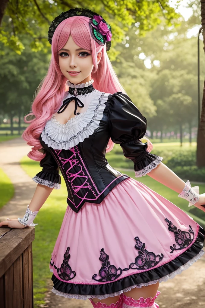 sexy stylish Swedish model, only 1 female, long neon pink stylish hair, very detailed Victorian-Style boots, (big smile), very detailed eyes, lipgloss, long lashes, defined eyebrows, ((sexy Paradise Kiss cosplay)), bell-shaped skirt, petticoats, high neckline, puffed sleeves, (( very detailed lace)), ((very detailed embroidery)), intricate details, Paradise Kiss accessoires and matching headpiece, choker, ((large sparkling Paradise Kiss jewelry)), cinematic light, detailed large park background with trees