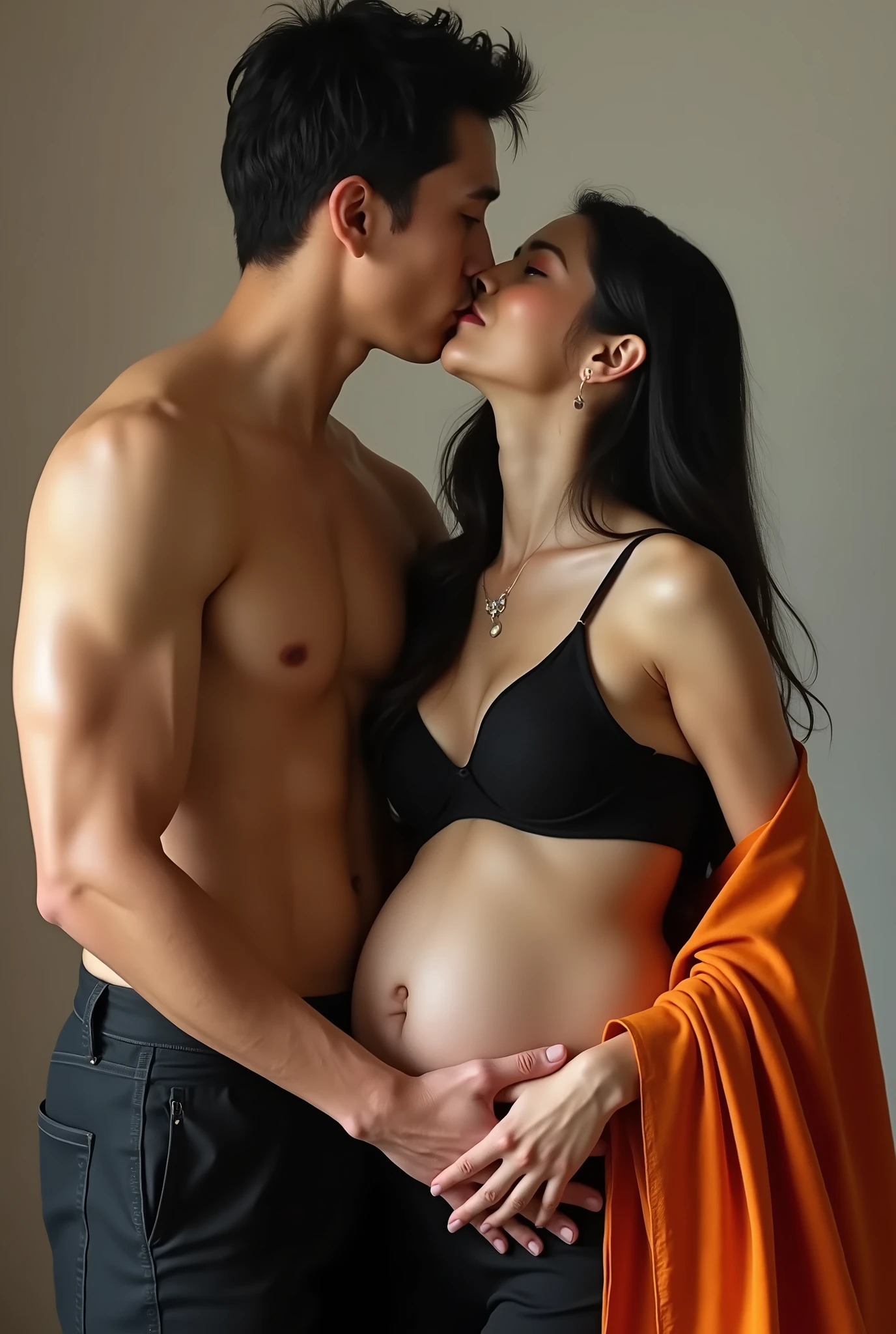 33 years old beautiful Japanese model wearing black bra and black saree with orange dupatta, 35 years old male boyfriend muscular with black hair , standing behind holding her belly viewing camera from front cheek kiss