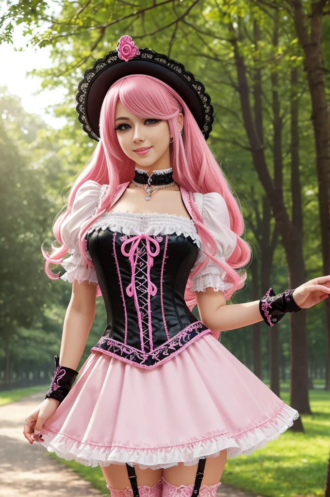 sexy stylish Swedish model, only 1 female, long neon pink stylish hair, very detailed Victorian-Style boots, (big smile), very detailed eyes, lipgloss, long lashes, defined eyebrows, ((sexy Paradise Kiss cosplay)), bell-shaped skirt, petticoats, high neckline, puffed sleeves, (( very detailed lace)), ((very detailed embroidery)), intricate details, Paradise Kiss accessoires and matching headpiece, choker, ((large sparkling Paradise Kiss jewelry)), cinematic light, detailed large park background with trees