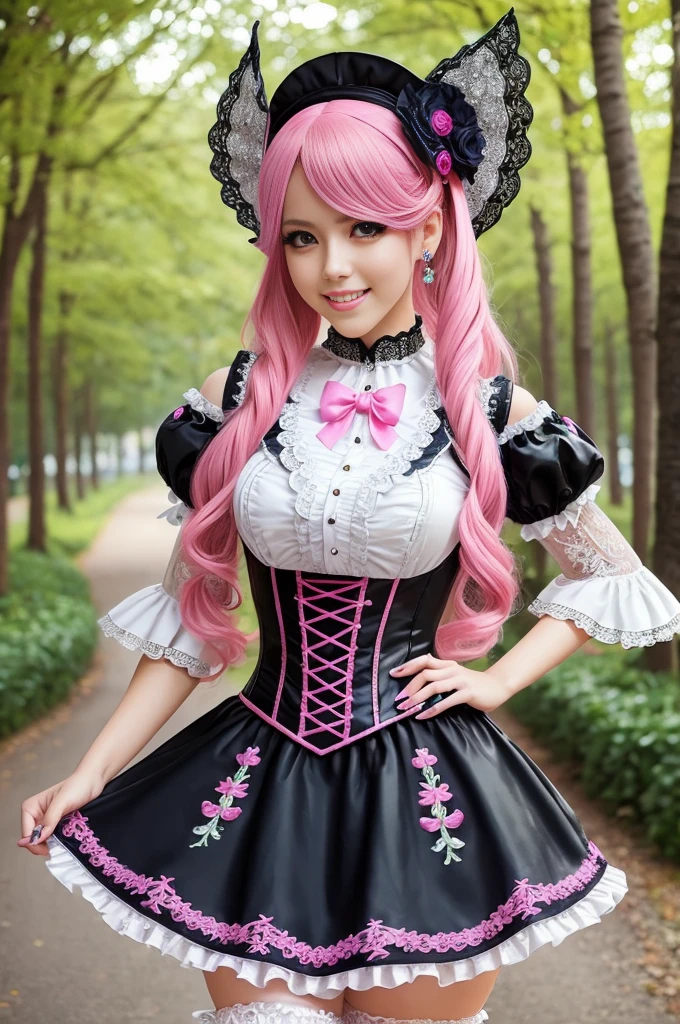 sexy stylish Swedish model, only 1 female, long neon pink stylish hair, very detailed Victorian-Style boots, (big smile), very detailed eyes, lipgloss, long lashes, defined eyebrows, ((sexy Paradise Kiss cosplay)), bell-shaped skirt, petticoats, high neckline, puffed sleeves, (( very detailed lace)), ((very detailed embroidery)), intricate details, Paradise Kiss accessoires and matching headpiece, choker, ((large sparkling Paradise Kiss jewelry)), cinematic light, detailed large park background with trees