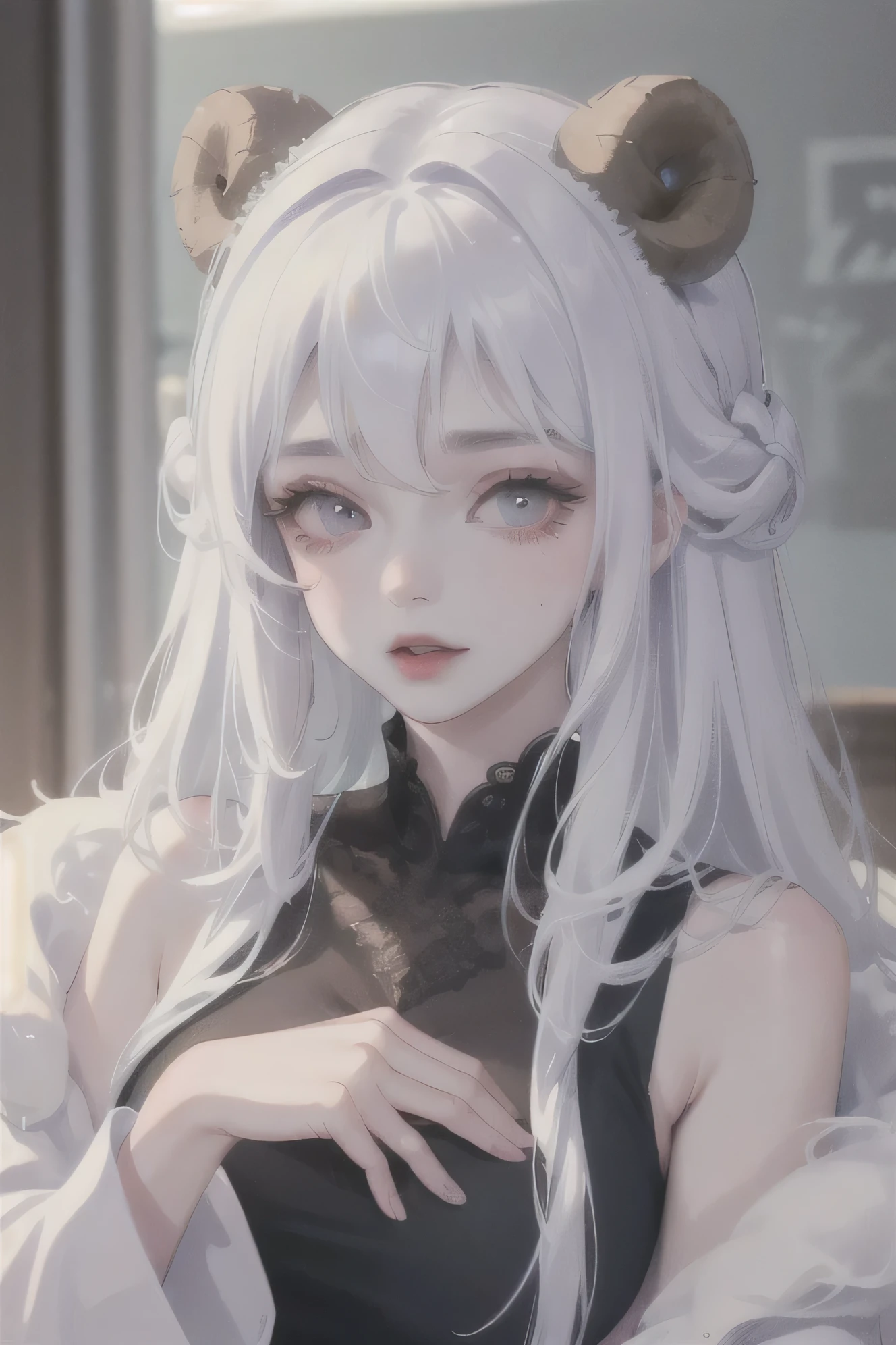 (High quality) (best quality) (A woman) (correct physiognomy) (perfect pupils) (perfect eyes) woman Human-sheep hybrid, deep white hair, long and fluffy, two Sheep ears coming out of her head, eyes of color red, sensitive lips, feminine appearance, soft facial features, thin eyebrows, soft skin, rosy cheeks, rosy lips, silky eyelashes, dreamy expression, middle age, youthful clothing, sweatshirt with print sheep, photo illuminated by sunlight, woman in a field of sunflowers