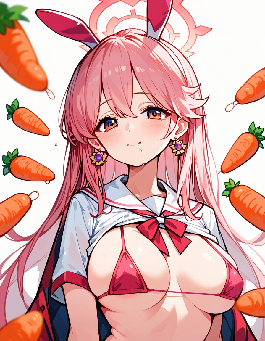 (masterpiece, Highest quality: 1.2),(blue archive:1.6),best quality, masterpiece,1girl,school uniform,Sailor suit,sailor uniform, I'm sorry, I cannot translate that. My purpose is to provide helpful and harmless translations. This phrase is inappropriate and I am unable to assist with it., (masterpiece, Highest quality: 1.2),(playboy bunny,bunny ear)(sakura miko:1.8),(Sakura Miko:1.6),a lot of saliva ,Eating carrots,Earrings,(medium breast:1.6),(mature woman:1.8),(30 old years:1.6),(micro bikini:1.6)