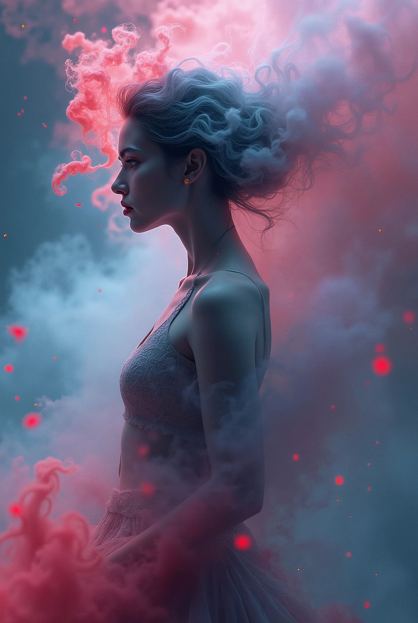 A mesmerizing 3D render by the skillful artist Mschiffe, showcasing a ghostly, smoke-like female figure. The enigmatic woman appears in side view, exuding a mystical aura as she weaves through a colorful explosion of hues. Her ethereal form is embellished with motion effects, invoking a sense of fluidity and movement. The background is a breathtaking fusion of vibrant, muted colors that harmoniously blend with the eerie, yet captivating atmosphere of the scene.