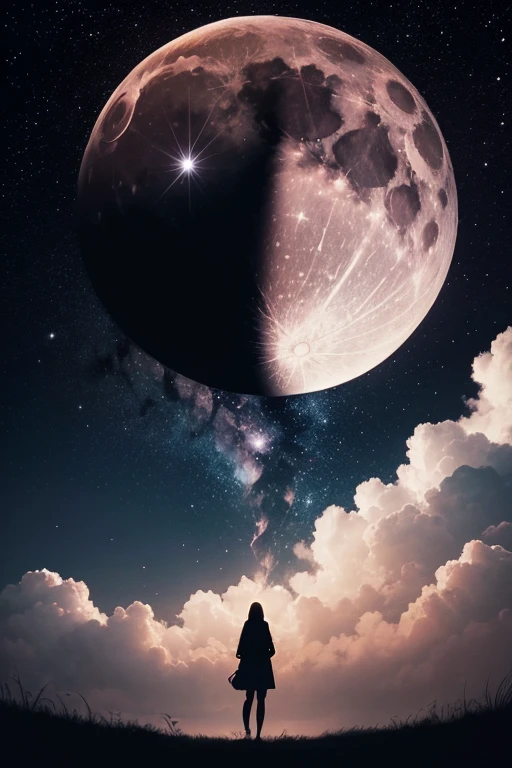 Highest quality,Big moon and shadow,A silhouette of a person can be seen against the backdrop of a large moon.,There is one full moon,There is a mood,Beautiful scenery,Starry Sky