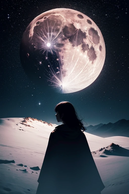 Highest quality,Big moon and shadow,A silhouette of a person can be seen against the backdrop of a large moon.,There is one full moon,There is a mood,Beautiful scenery,Starry Sky