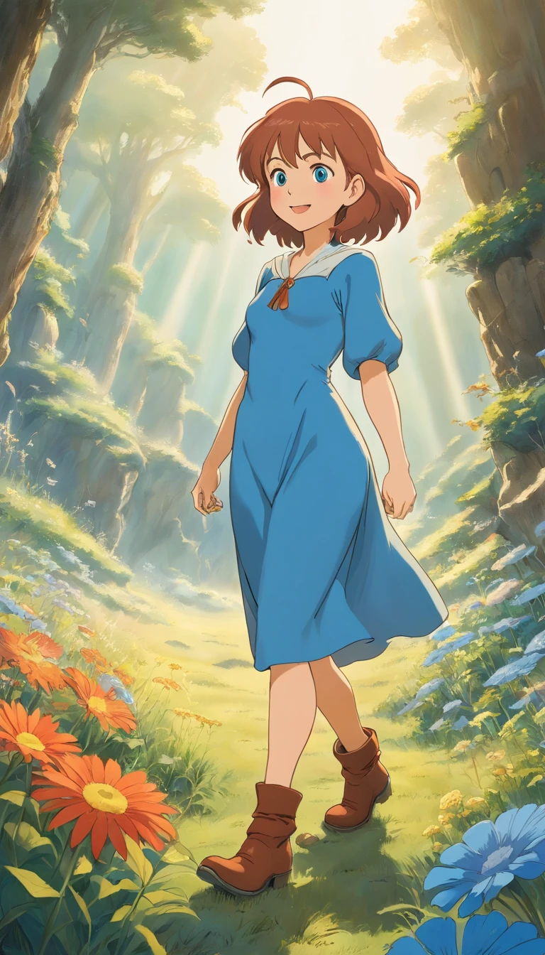 a beautiful detailed busty woman, Nausicaa, Blue dress, whole body, Blue Boots, smiling, full body, highly detailed, photorealistic, 8k, ultra-detailed, (best quality:1.2), (realistic:1.37), (masterpiece:1.2), porcelain skin, long eyelashes, beautiful detailed eyes, beautiful detailed lips, extremely detailed facial features, intricate folds and textures on dress, dynamic lighting, vibrant colors, warm color palette, natural lighting, studio lighting,BREAK,grassland,Nausicaa,Ghibli,