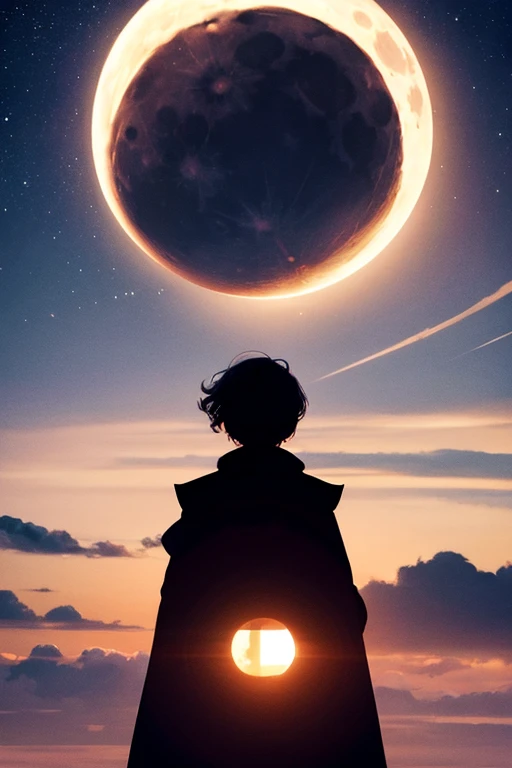 Highest quality,Big moon and shadow,A silhouette of a person can be seen against the backdrop of a large moon.,There is one full moon,There is a mood,Beautiful scenery,Starry Sky