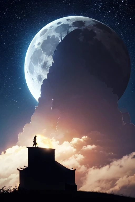 Highest quality,Big moon and shadow,A silhouette of a person can be seen against the backdrop of a large moon.,There is one full moon,There is a mood,Beautiful scenery,Starry Sky