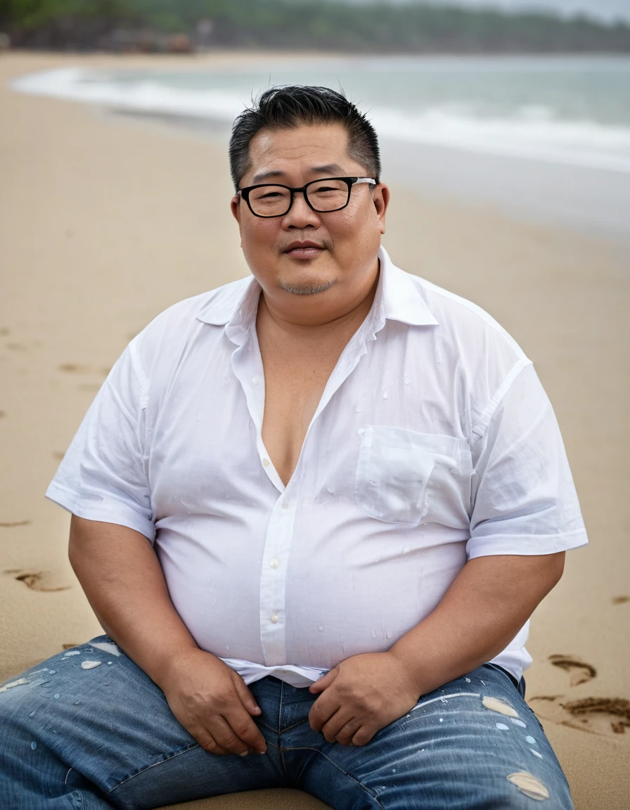 Man, Asian, 50 years old, Fat, Chubby, wearing glasses, wearing an unbuttoned shirt, thin white t-shirt, Shirtless, wearing jeans, Sitting, sand beach, Wet, Stained, Raining, sharp image, beautiful lighting.