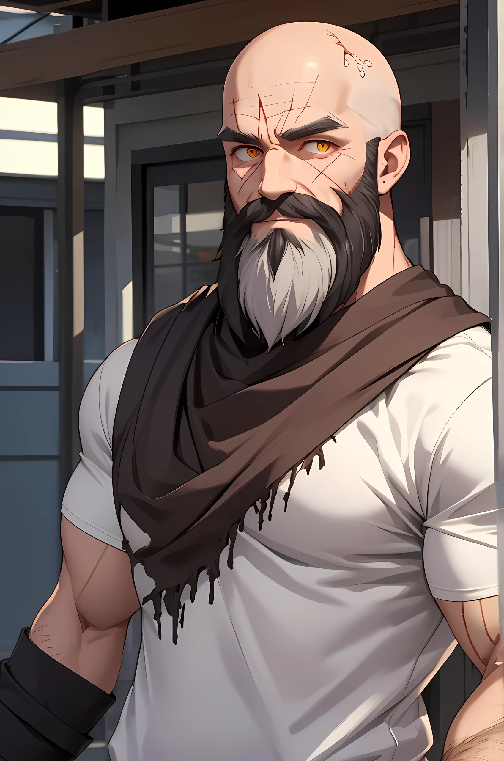 Mature man, colorful glowing eyes, muscular, long white beard, scars, bald, pale skin, casual outfit, college campus