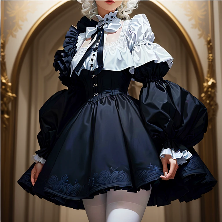 woman in a black dress and white tights, official product image, edited, collar around the neck, Dear Kerestes, inspired Dear Kerestes, Doruk Erdem, inspired by Adrienne Henchne Deak, Detailed Image, collar around the neck, decorative dark blue clothes, blooming frilled collar
