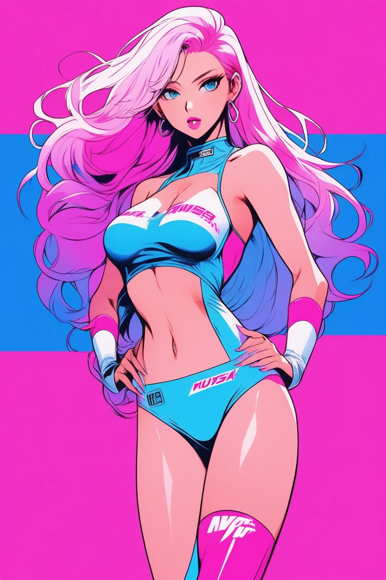 Illustrator, anime , Realistic ,sketch , 1 person, model, lip, Revealing Grid Girl Costume, Revealing Race Queen Costume, Exposed high leg swimsuit, order, Blue and pink gradient background, Neon Color Hair, Big Breasts, whole body, look back, Sexy look, Sexy pose, Texture Trim, Russian, (masterpiece,Highest quality)