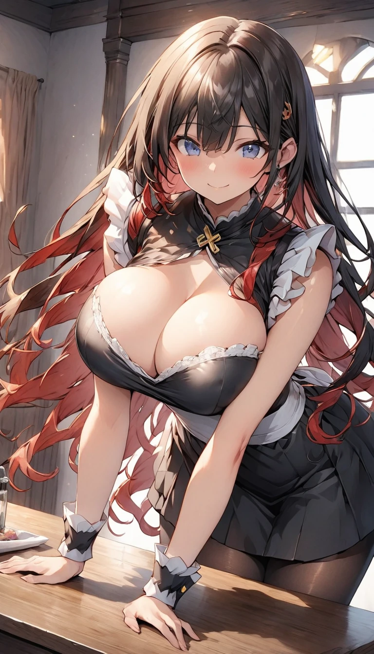 One Woman、beautiful girl、maid、20-year-old、Very Long Hair、Western-style building、maidの、maidカチューシャ、Short skirt、Black Pantyhose、Highest quality, smile,Big Breasts、Very large breasts、Put it on the table、 Sink into the table、Put it on the table、Bust up angle、Place the breast on the table、Put it on the table、Put your chest on the table、Poses that accentuate the chest