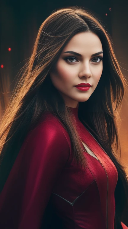 ​masterpiece, (dark theme: 0.9) illustration, scarlet witch, Woman, complex background, subdued colors, rot, hyperdetailed, ((detailed face)), realisitic