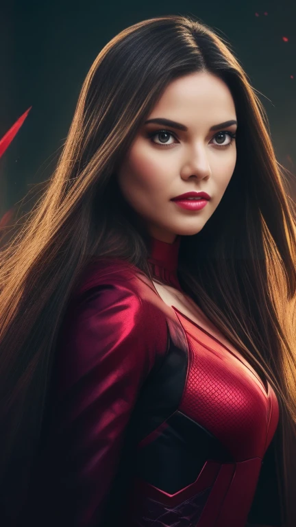 ​masterpiece, (dark theme: 0.9) illustration, scarlet witch, Woman, complex background, subdued colors, rot, hyperdetailed, ((detailed face)), realisitic