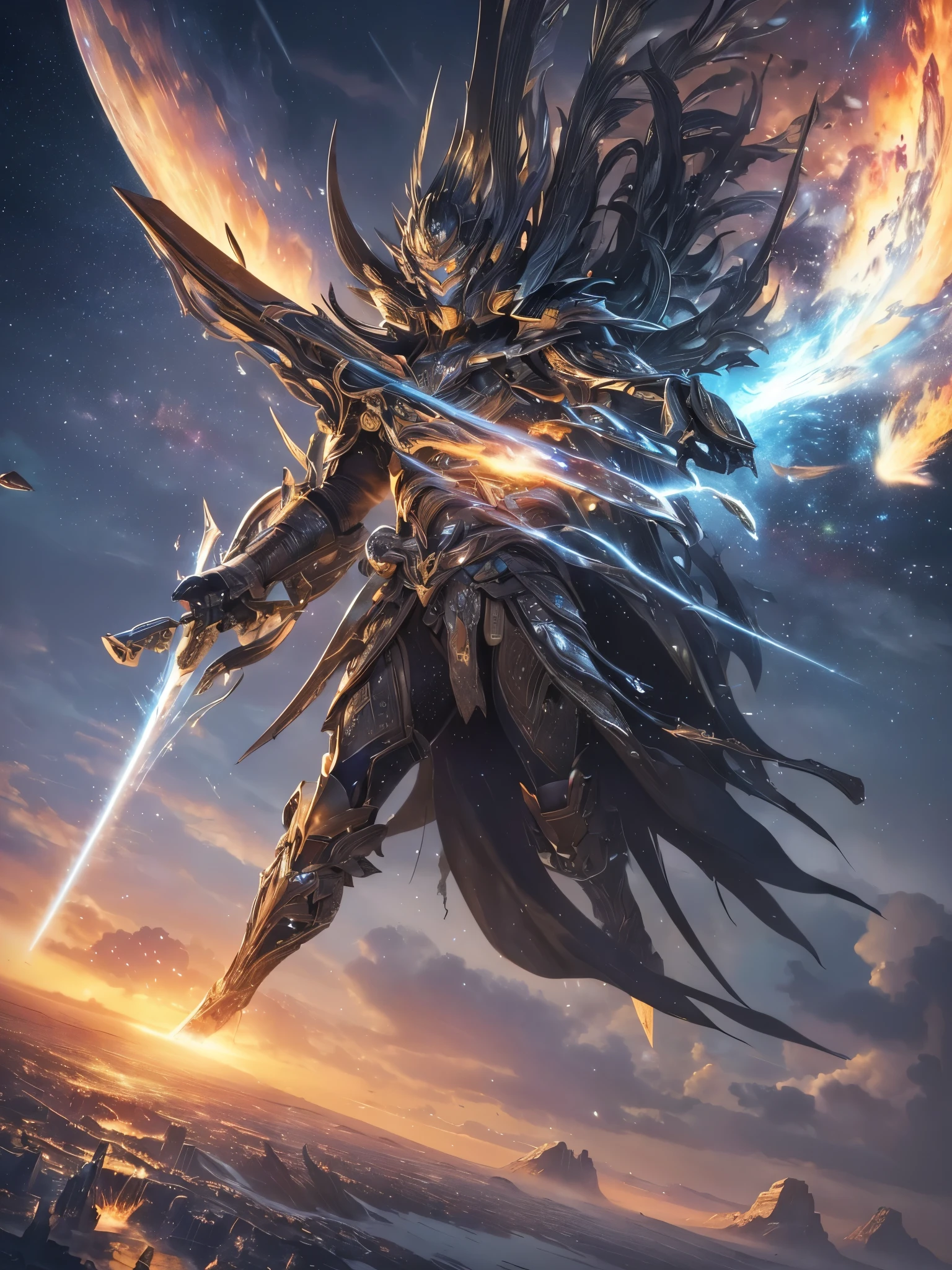 ((Highest quality)),(Ultra-high resolution),(Super detailed),(Detailed Description),((The best CG)),(masterpiece),Highly detailed art,(Art with precise detail:1.5), ((Science fiction movies:1.5)), (A meticulously crafted sci-fi setting:1.6), Lead-colored, gold, The heart will regain its brilliance, steel, Storm Light the fire, It's hard to attack, impregnable, ((The final blow:1.3)), Shattering Stars々, Flying rays, Illumination,
