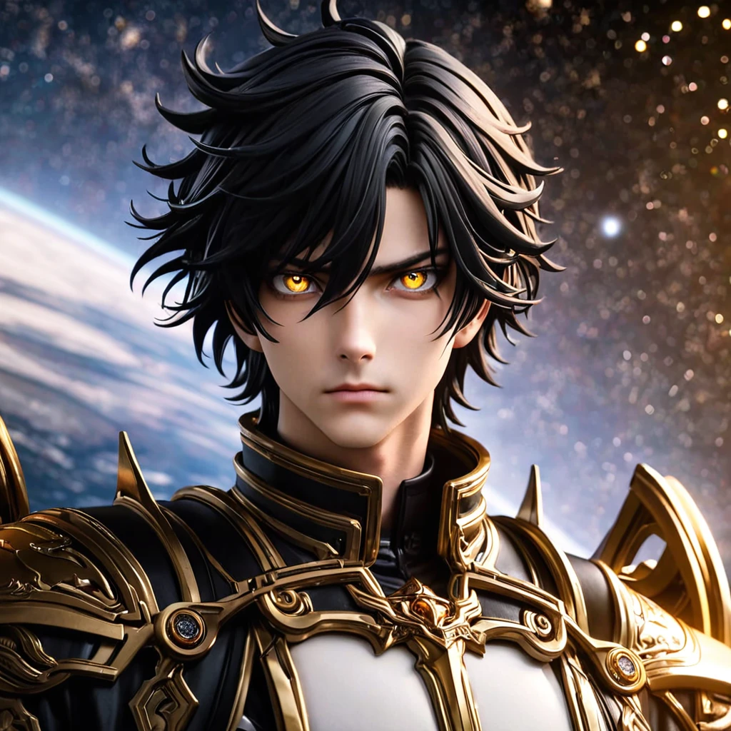 High quality, HD, 4k, no shadows, handsome male, handsome, 1male, , teenager, jet black hair, short black hair, dark hair, black hair, jet black hair, pure black hair, sharp eyes, deep gold colored eyes, dark golden colored eyes, deep gold eyes, gold eyes, devil may cry, close up, calm expression, stoic expression, black leather clothes, white leather clothing, lean body, well trained body, upper body, looking at viewer, cowboy shot, white solar, space background