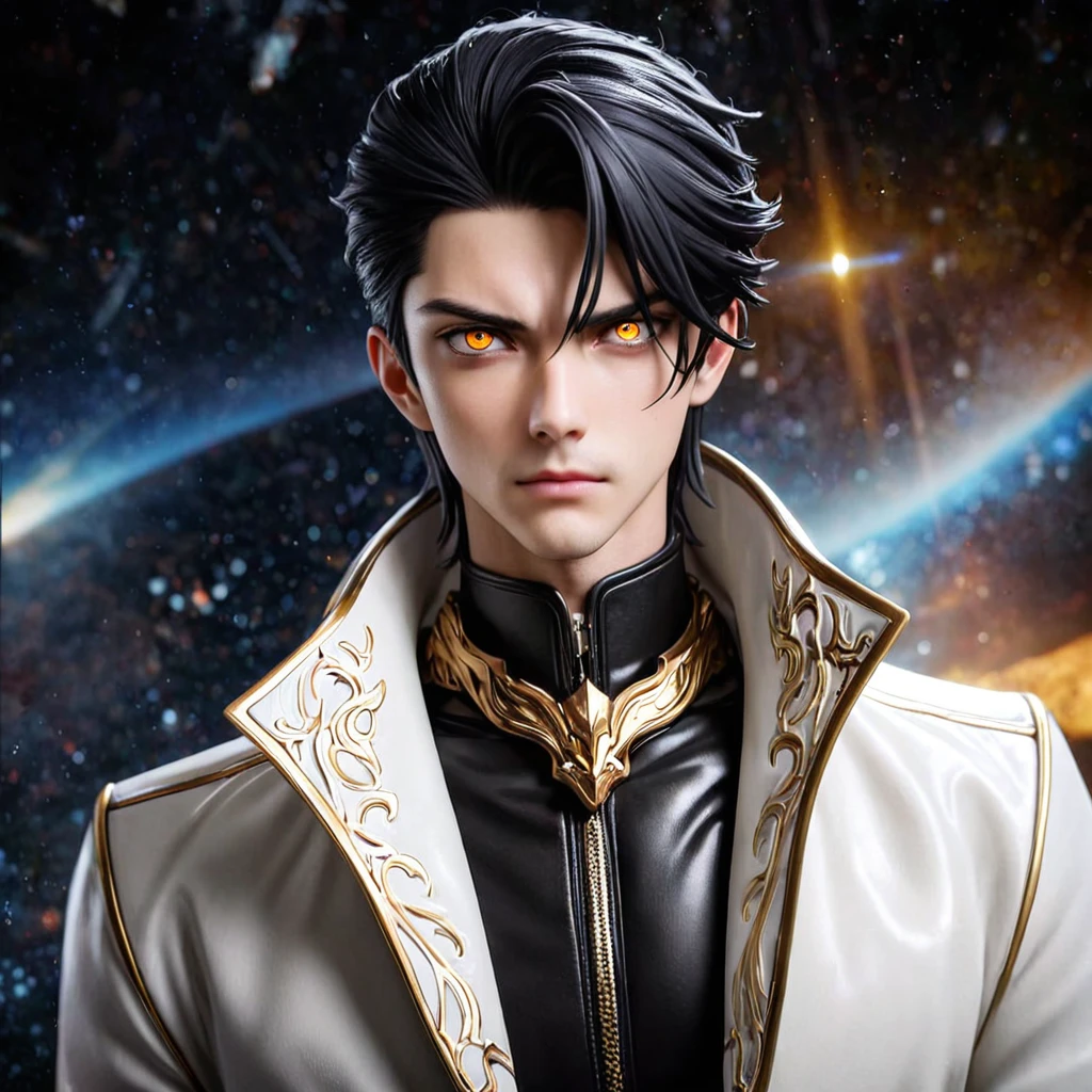 High quality, HD, 4k, no shadows, handsome male, handsome, 1male, , teenager, jet black hair, short black hair, dark hair, black hair, jet black hair, pure black hair, sharp eyes, deep gold colored eyes, dark golden colored eyes, deep gold eyes, gold eyes, devil may cry, close up, calm expression, stoic expression, black leather clothes, white leather clothing, lean body, well trained body, upper body, looking at viewer, cowboy shot, white solar, space background