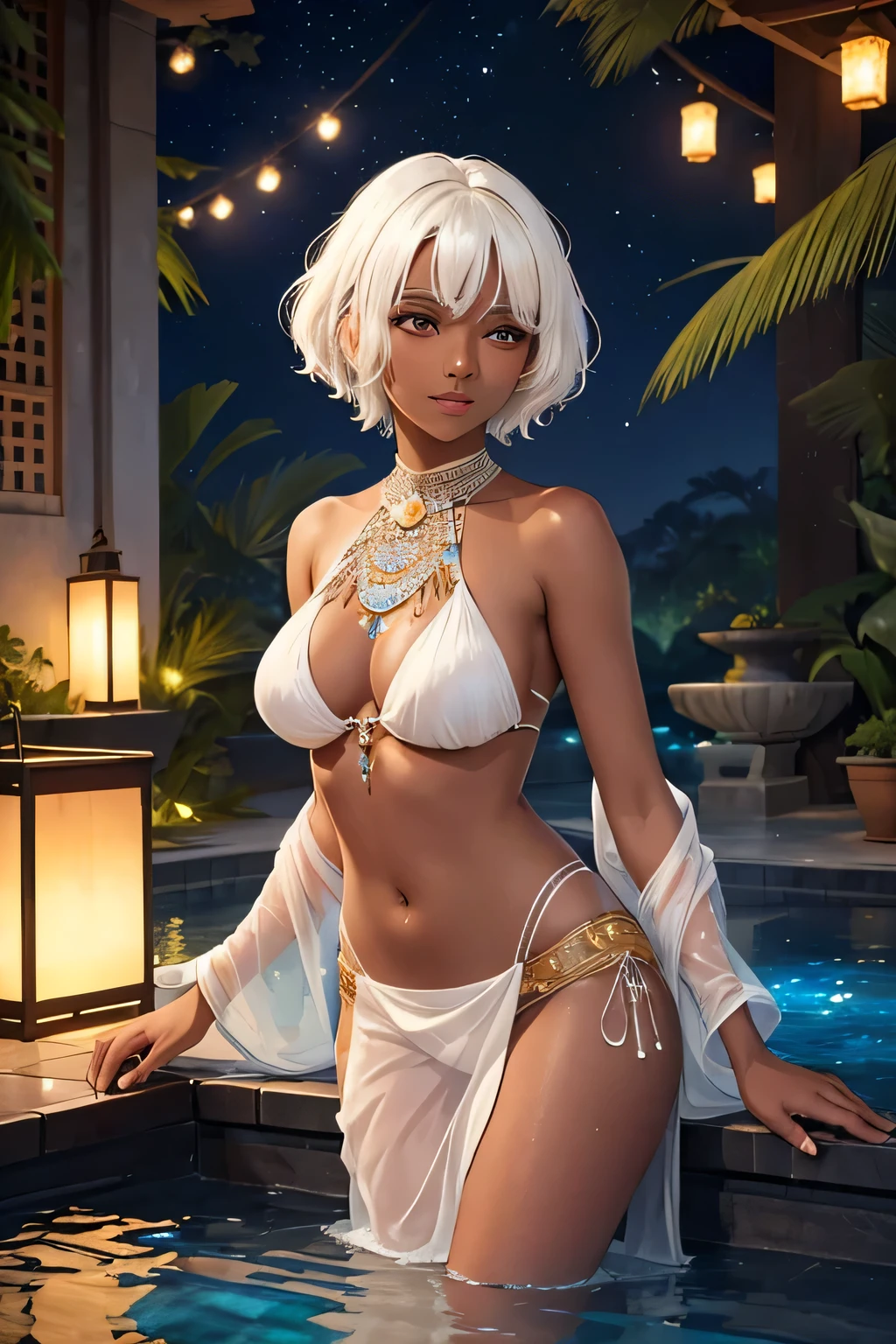 (((dark skin)))"Under a canopy of stars in Zara’s royal palace, Naila of Zara swims gracefully in a pool surrounded by tropical foliage and softly glowing lanterns. The pool, illuminated by floating candles and adorned with petals, reflects the vibrant yet serene atmosphere of Zara. Naila wears a flowing, sheer sarong over a richly decorated bikini, her (((short white hair))) contrasting beautifully against her dark skin. The soft sounds of nature and the flickering lights create a tranquil, almost mystical setting, as Naila enjoys the cool water. The warm glow from the lanterns highlights the intricate beadwork of her attire, and the peaceful ambiance of the night accentuates the deep cultural connection of Zara’s princess with her surroundings."
