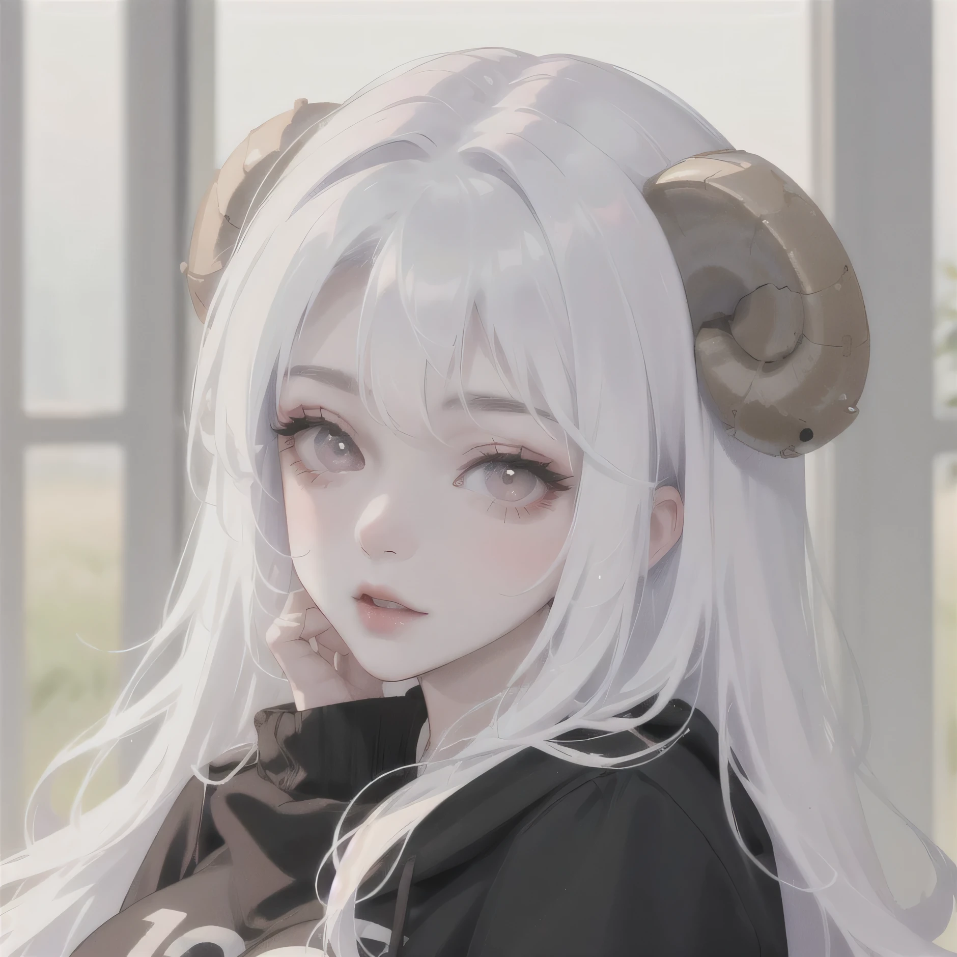 (High quality) (best quality) (A woman) (correct physiognomy) (perfect pupils) (perfect eyes) woman Human-sheep hybrid, deep white hair, long and fluffy, two Sheep ears coming out of her head, Red eyes, sensitive lips, feminine appearance, soft facial features, thin eyebrows, soft skin, rosy cheeks, rosy lips, silky eyelashes, dreamy expression, middle age, youthful clothing, sweatshirt with print sheep, photo illuminated by sunlight, woman in a field of sunflowers