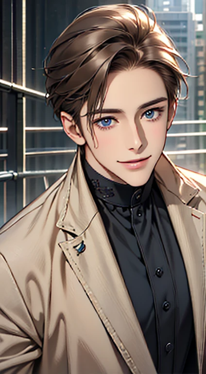 a mature man with short grey Brown hair, blue eyes, 34 years, and a perfect face, smiling in love, CEO, cinematic lighting, 1:4 HDR image, top view, ultra detailed, best quality, masterpiece, 8K, photorealistic, beautiful image