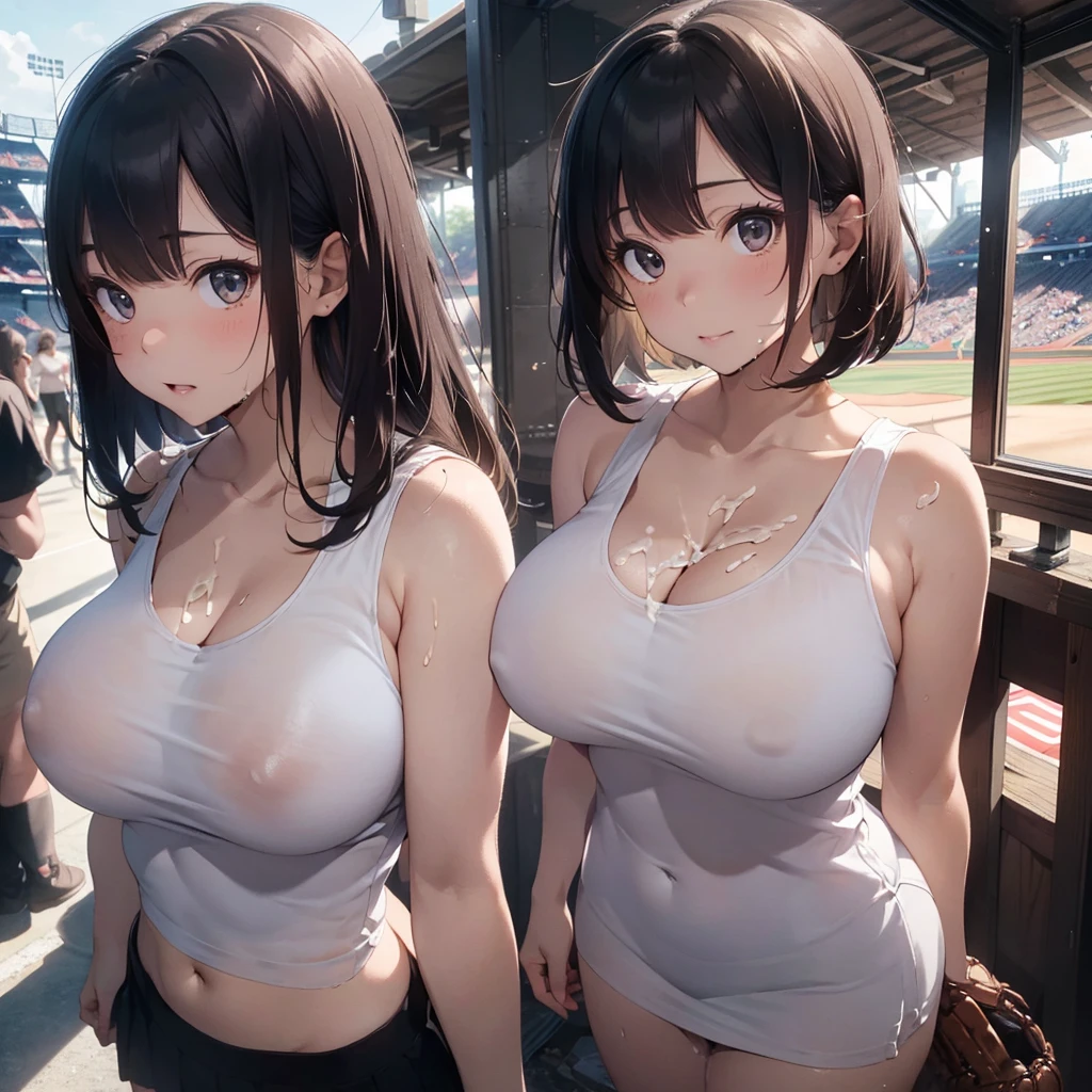 2lady(different hair style), ((ultra-quality)), (Bukkake:1.5), (side view), (profile), (from side), (side colossal tit:1.6), (in 8K), (arms behind back:1.5), (arms are down), ultra highres, Hyper Detailed, High contrast, Ultrafine Strike, creative refinement, absurdres, Realistic, extremely detailed CG unified 8k wallpaper, Highly detailed, High-definition raw color photos, professional photography, Realistic portrait, Cinematic Light, Beautiful detailed, 28 years old woman, (realistic skin:1.3), (shiny skin), (Best Quality:1.4), Super Detail, High quality, ​master piece, lifelike, (After SEX), Bukkake, Perfect face, (cum on chest:1.5), (Bukkake:1.5), (covered by lot of cum:1.3), (Sharp Focus), (upper body), (close up), Delicate Beautiful Hair and Eyes and Face, Delicate eyes, radiant eyes, Lifelike, Hyper-detailing, (white tank top:1.3), (bare shoulder), (covered breasts), (mini skirt), (Sheer areola:1.3), (colossal breasts:1.6), (big breasts:1.5), (Beautiful breasts:1.5), (smooth stomach), (Sheer areola:1.4), (arms behind back:1.3), Beautiful cute woman, camel-toe details, (SFW), wet clothes, pale black eyes, (bob cut), (medium hair), (parted bangs), (baseball stadium)