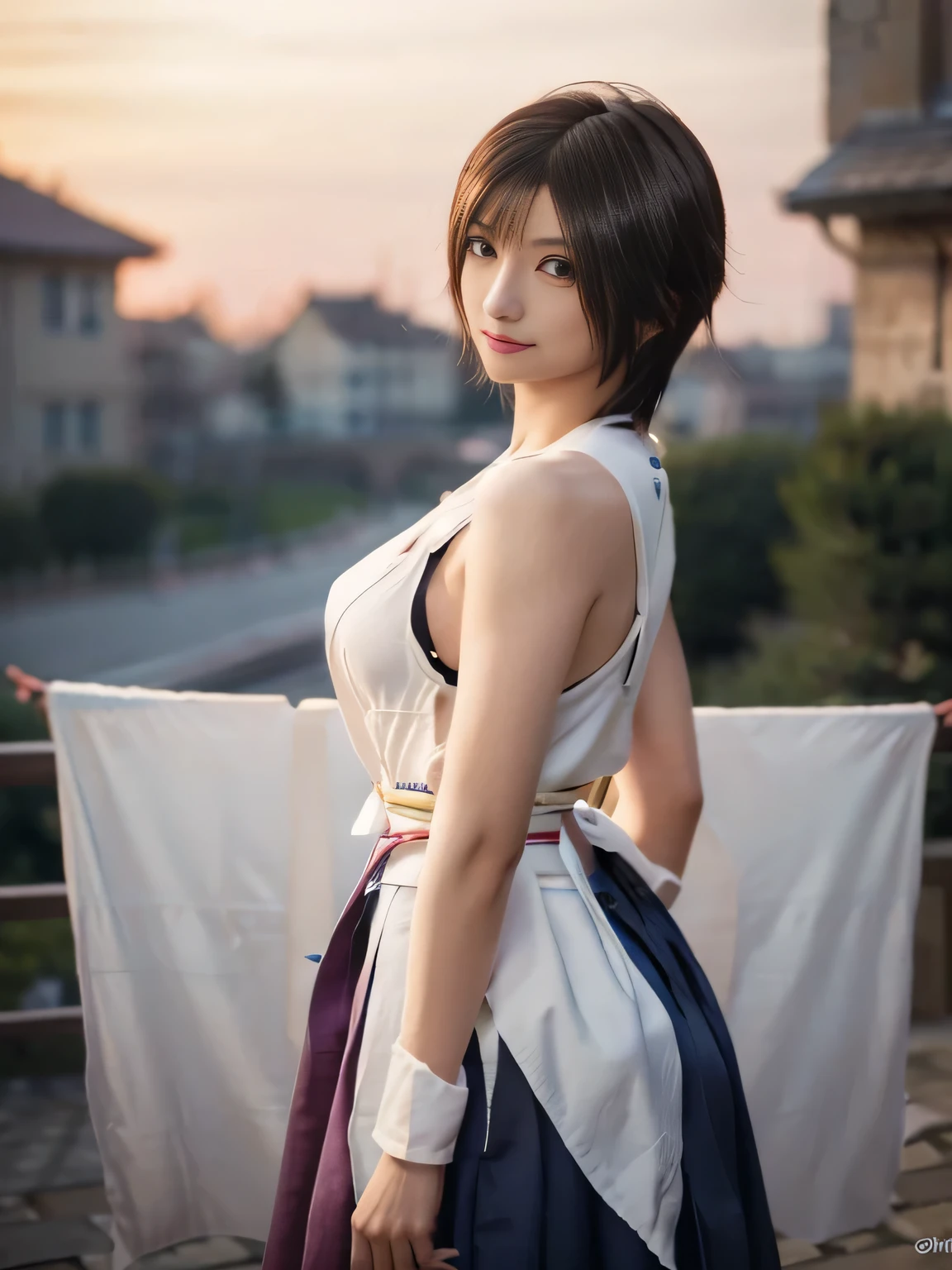 20 year old Japanese beauty,One person、Muscular body like a bodybuilder、Emphasize the breasts、Slit eyes、A head-to-toe view,Bust is very very large、The background is a medieval European kitchen、High quality photos、Clear, crisp images of the lower body、Masterpiece 8k、Smiling、I'm hanging laundry outside.、From the front, from the side, from the back, etc.々from what camera angle to shoot、FF10 Yuna's outfit、Character Sheet、Character screen style
