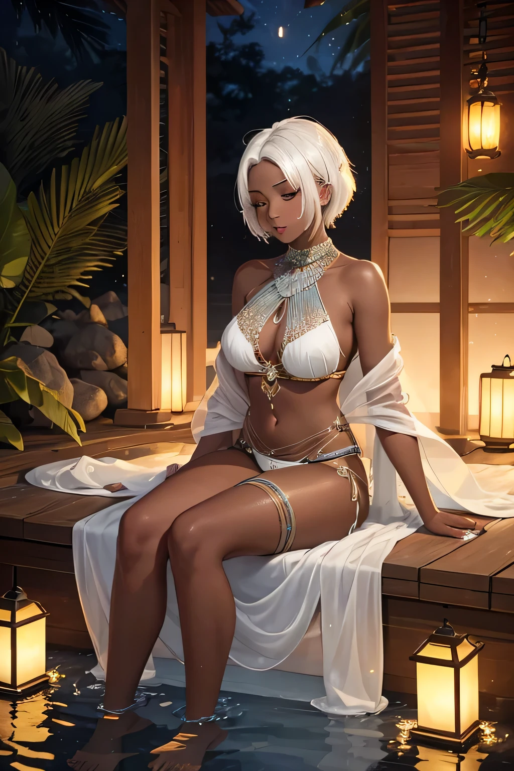 (((dark skin)))"Under a canopy of stars in Zara’s royal palace, Naila of Zara swims gracefully in a pool surrounded by tropical foliage and softly glowing lanterns. The pool, illuminated by floating candles and adorned with petals, reflects the vibrant yet serene atmosphere of Zara. Naila wears a flowing, sheer sarong over a richly decorated bikini, her (((short white hair))) contrasting beautifully against her dark skin. The soft sounds of nature and the flickering lights create a tranquil, almost mystical setting, as Naila enjoys the cool water. The warm glow from the lanterns highlights the intricate beadwork of her attire, and the peaceful ambiance of the night accentuates the deep cultural connection of Zara’s princess with her surroundings."