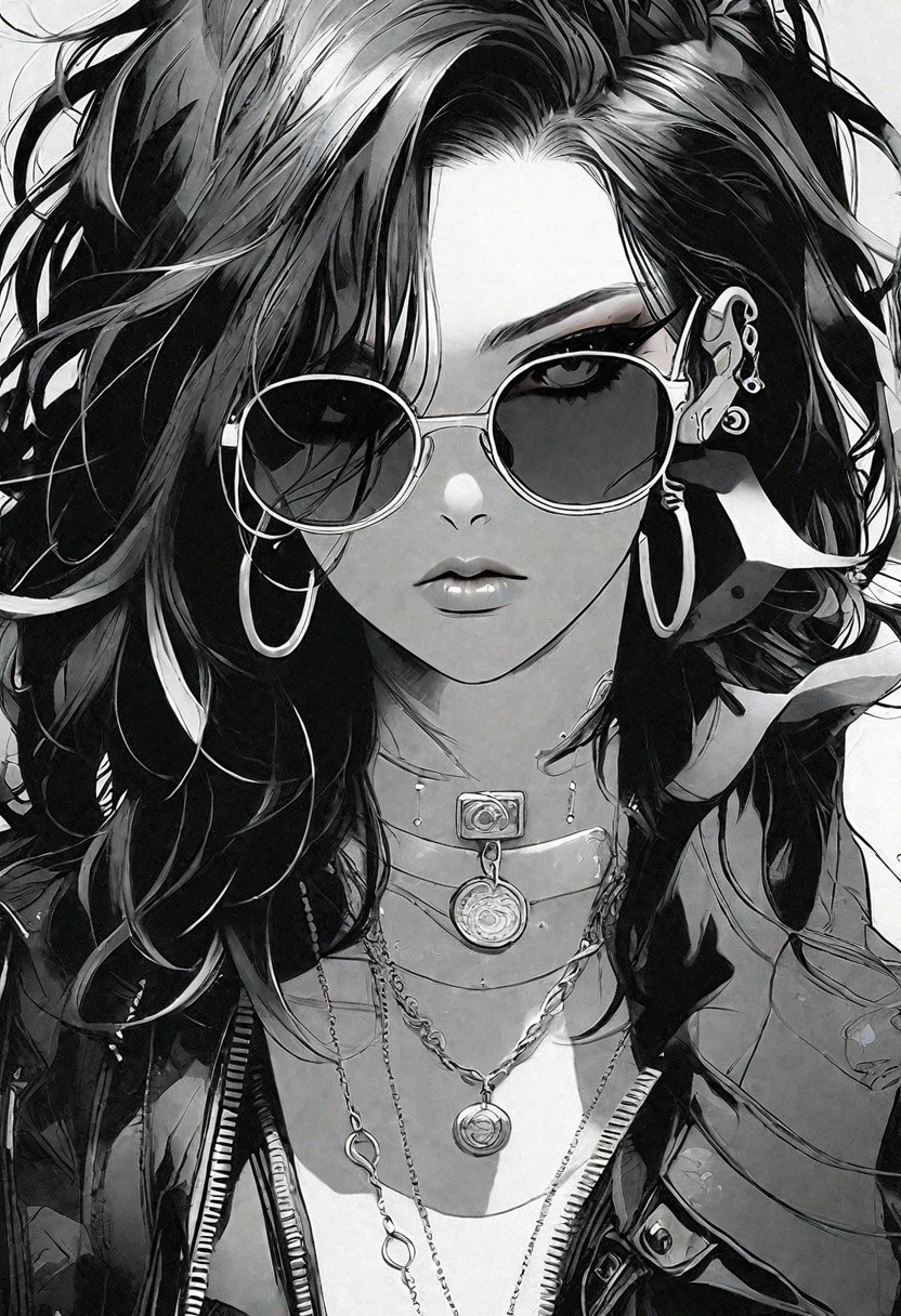 Smoking anime character with black hair and sunglasses, black and white manga style, Gvez style art, amazing, Detailed art style, Charlie Bowter Style, An anime goth girl, detailed manga style, Black and white comics, Detailed Anime Character Art, The buds of art. Attention to detail, striking manga artstyle