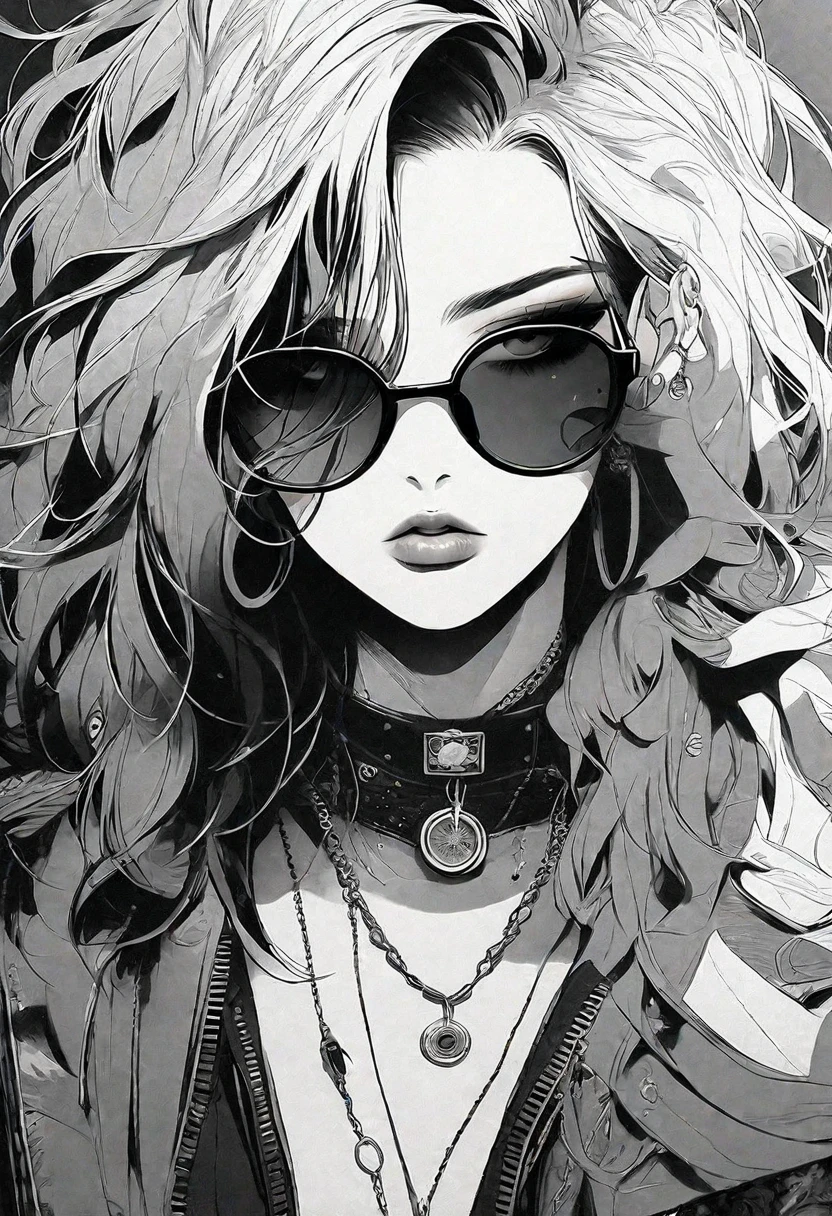 Smoking anime character with black hair and sunglasses, black and white manga style, Gvez style art, amazing, Detailed art style, Charlie Bowter Style, An anime goth girl, detailed manga style, Black and white comics, Detailed Anime Character Art, The buds of art. Attention to detail, striking manga artstyle