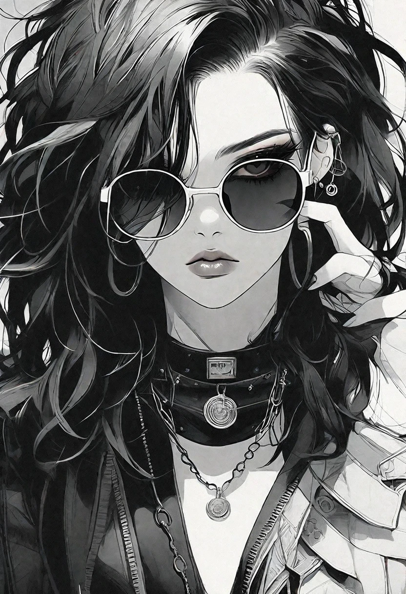 Smoking anime character with black hair and sunglasses, black and white manga style, Gvez style art, amazing, Detailed art style, Charlie Bowter Style, An anime goth girl, detailed manga style, Black and white comics, Detailed Anime Character Art, The buds of art. Attention to detail, striking manga artstyle