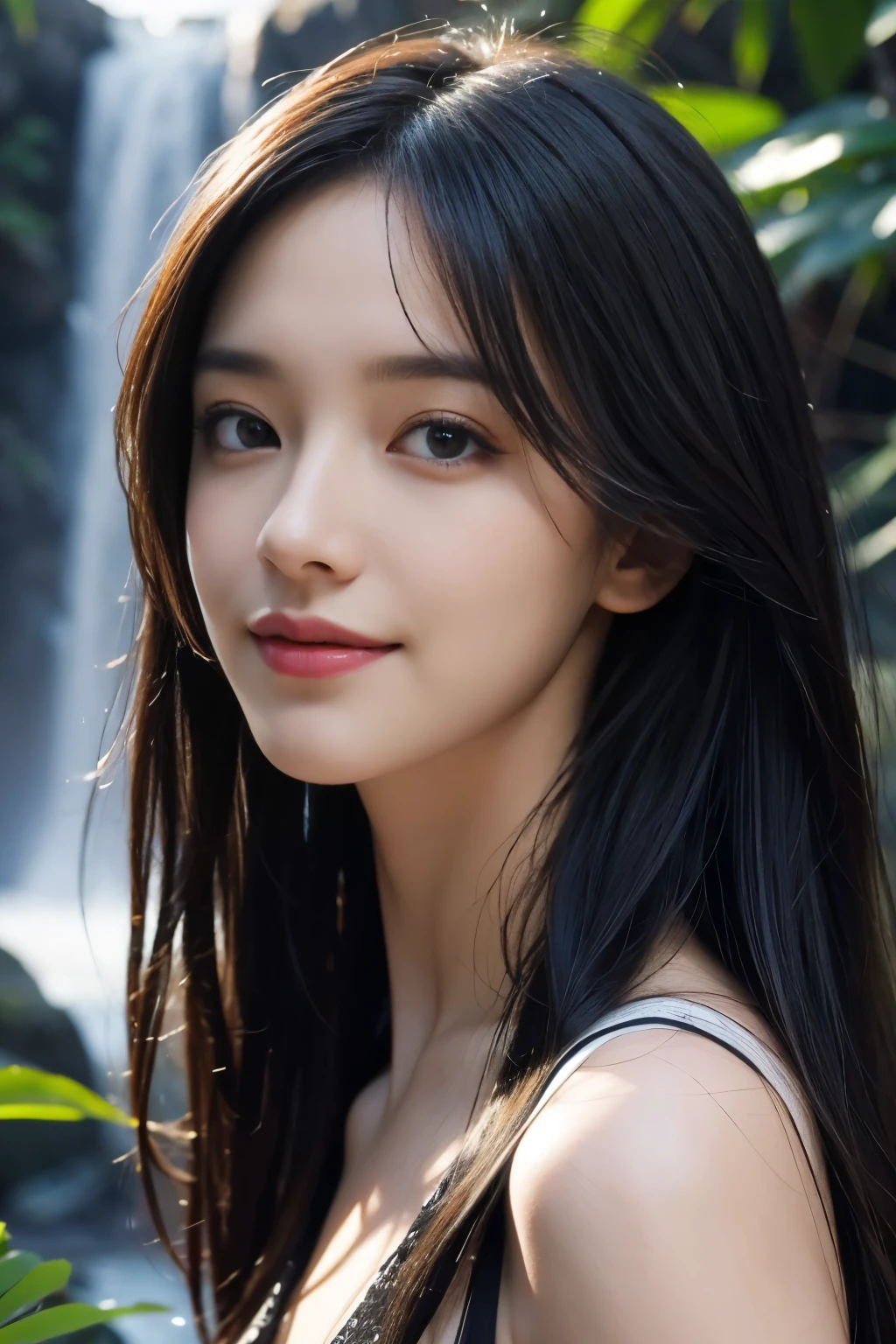 (ultra realistic) , (illustration), (increase resolution), (8K), (extremely detailed), (best illustration), (beautiful detailed eyes), (best quality), (ultra-detailed), (masterpiece), (wallpaper), (detailed face), 1 girl, black straight hair, slender body, delicate details, in the dark, deep shadow, low key, pureerosfaceace_v1, happy smile, summer dress, waterfall, rainforest
