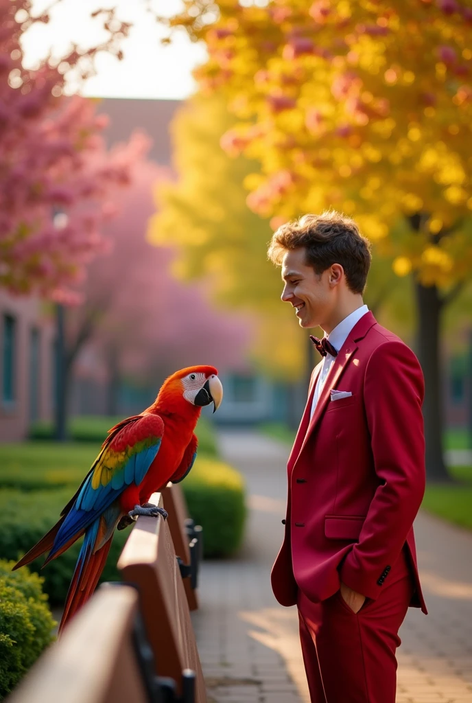 A handsome 27 year old cute beautiful white boy with short attractive curly hair introduces his college friend a parrot while his friend looks at him from his parrot he is wearing a college uniform with a red suit